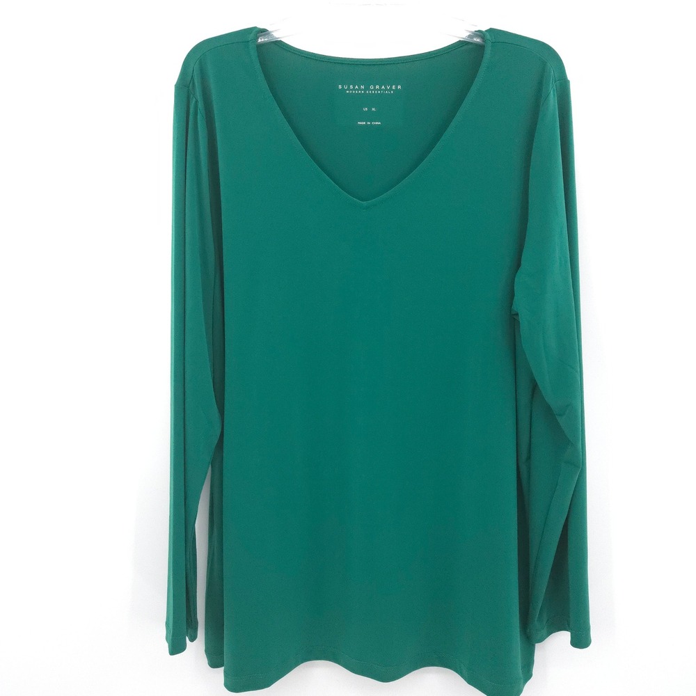 Susan Graver Liquid Knit V-Neck Top Women XL Green Long Sleeve Modern Essentials